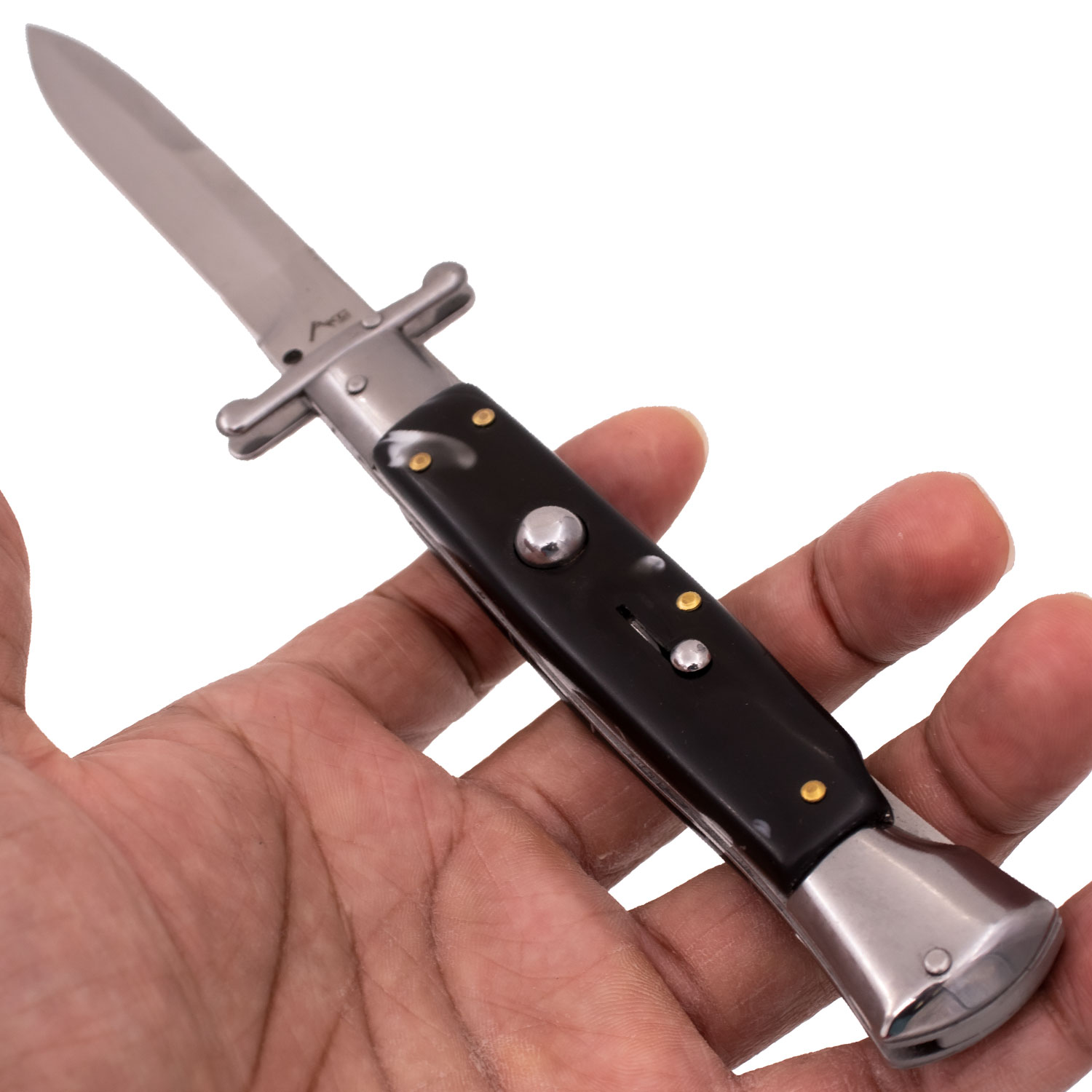 AKC 9.60 Inch Automatic Italiano Knife with Guard (Black and White Pearl)